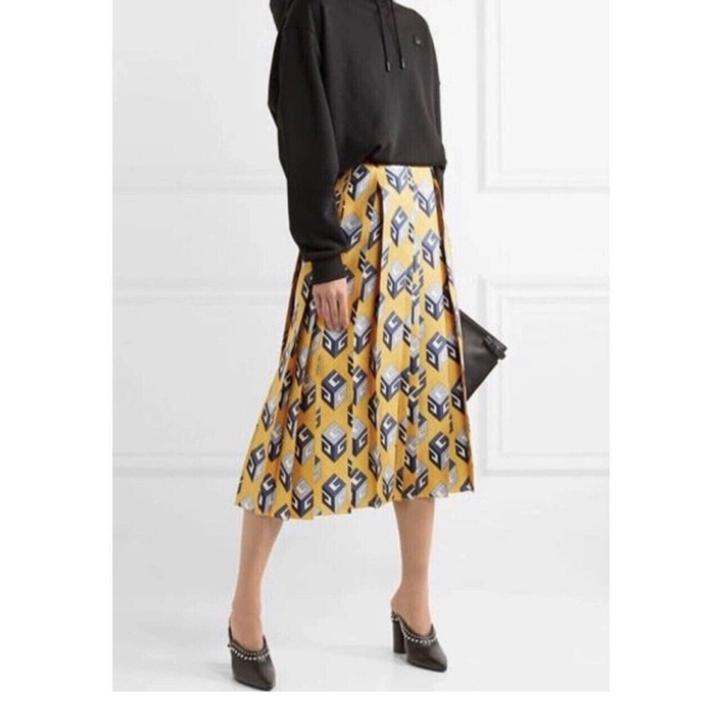 Gucci gold blue GG wallpaper silk twill pleated midi skirt size 44